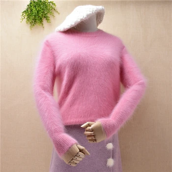 Rožinė mergaitė ponios saldus mažo dydžio, plonas megztinis mink kašmyro megztos iš angoros triušio kailio bazės palaidinė megztinis mados megztinis