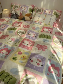 Spalvinga animacinių filmų katės rožinės spalvos patalynės komplektas vaikas paauglių,twin visą karalienė puikus medvilnės namų tekstilės paklode pagalvės užvalkalą antklodė padengti