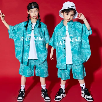 Vaikai Banga Hip-Hop Drabužius Blue/Black Marškinėliai Spausdinimas Džiazo Gatvės Šokių Etapo Komplektus Hiphop Veiklos Kostiumas BL6729