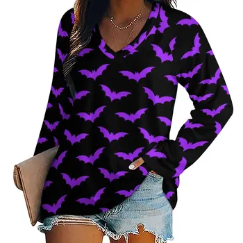 Violetinė Šikšnosparniai Print T Shirt Rudenį Juoda Helovinas Atsitiktinis Marškinėliai ilgomis Rankovėmis Estetinės Marškinėlius Moterims Dizaino Tees Didelis Dydis 4XL 5XL